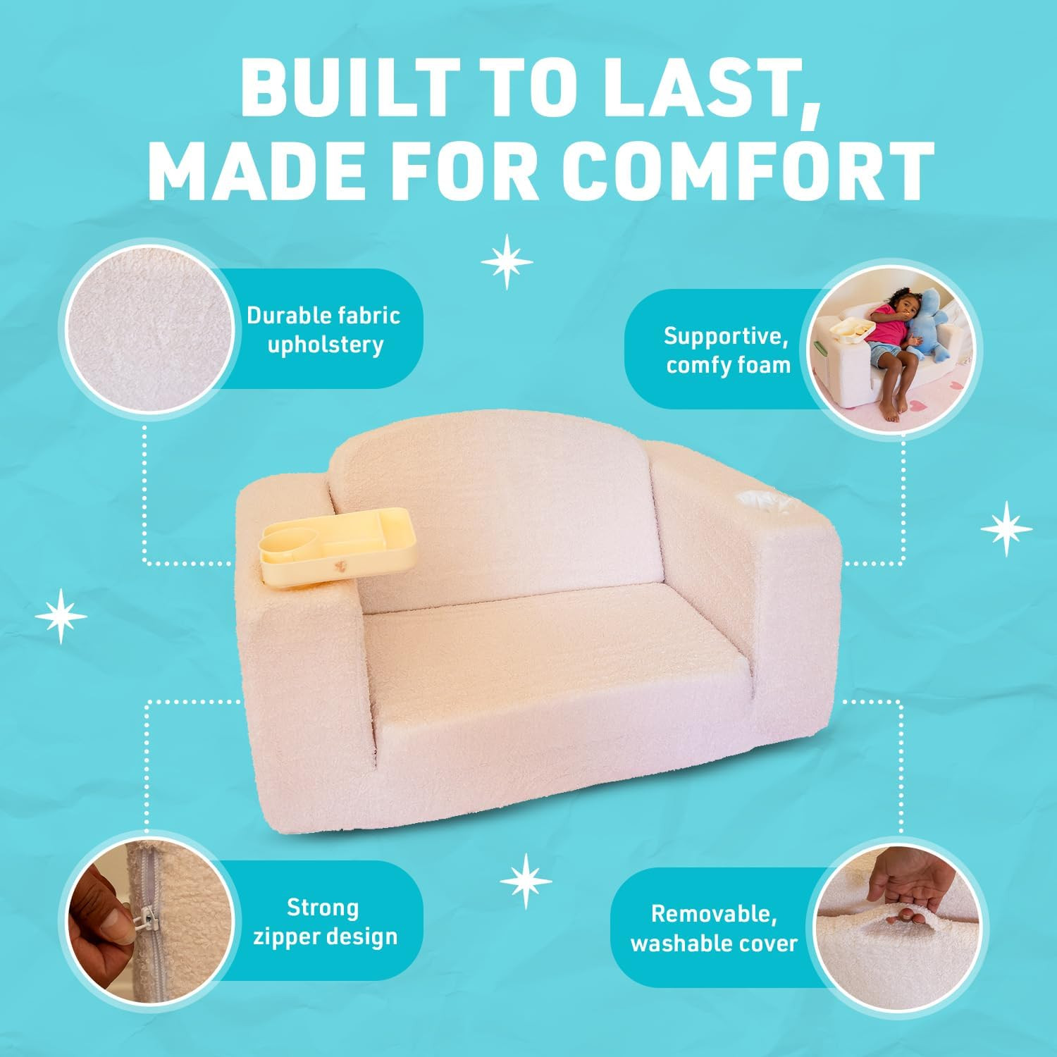 Extra Wide Toddler Lounge Chair with Cup Holders - 2-in-1 Couch & Bed