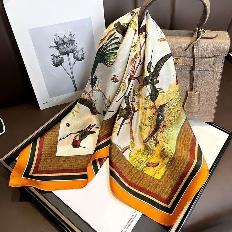 100% Silk Scarf Women Vintage Orange Bird Kerchief Square Bandana Wrap 68*68cm