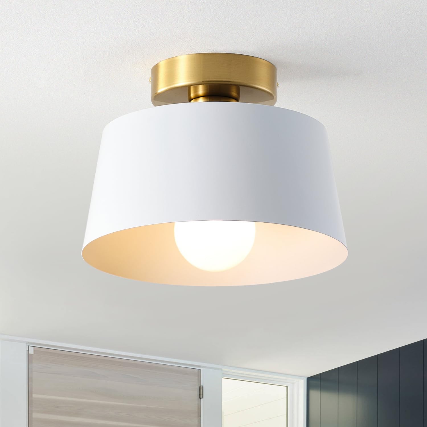 Modern Semi Flush Mount Ceiling Light with Gold Plate and Matte White Shade, ...