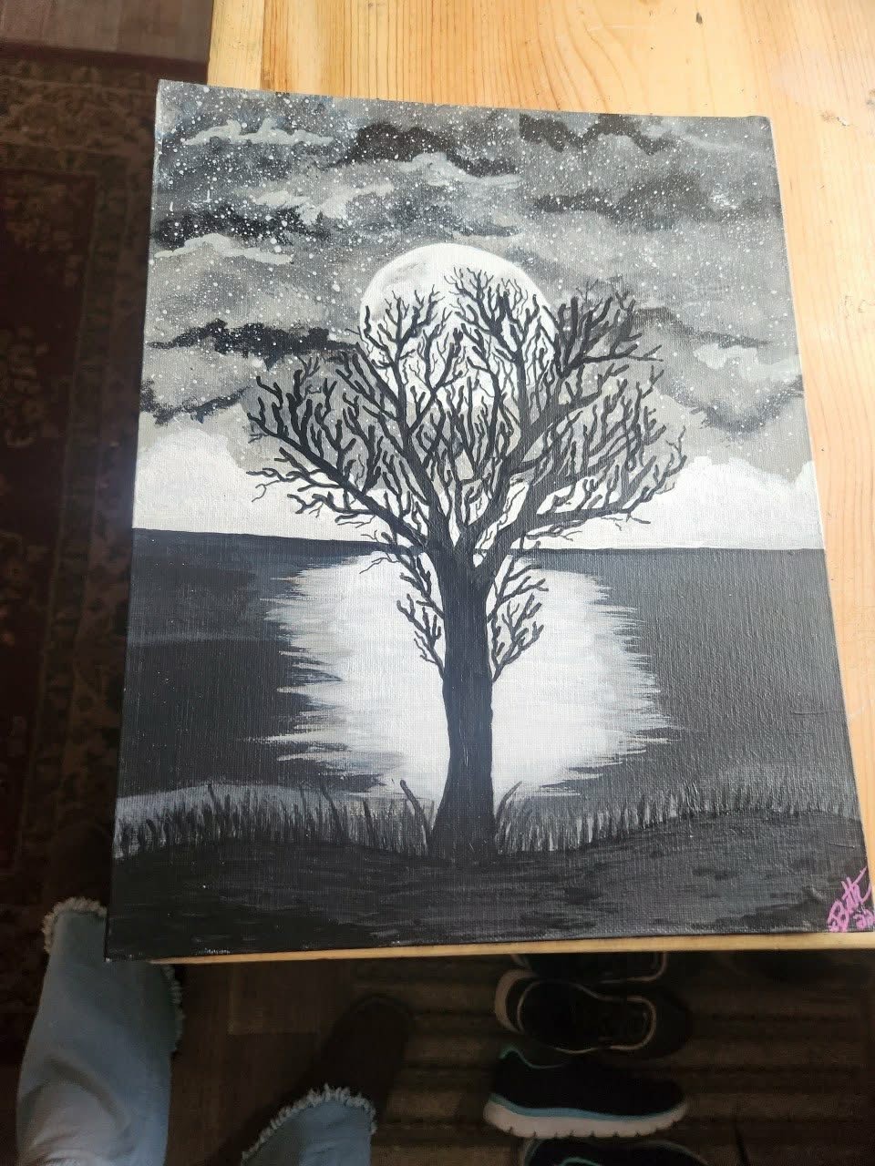 Modern Black & White Tree Landscape Painting, Signed, Medium, Unframed