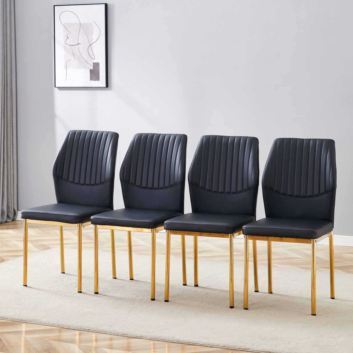 Set of 4 Black PU Leather Upholstered Kitchen Dining Chairs w/ Metal Gold Legs