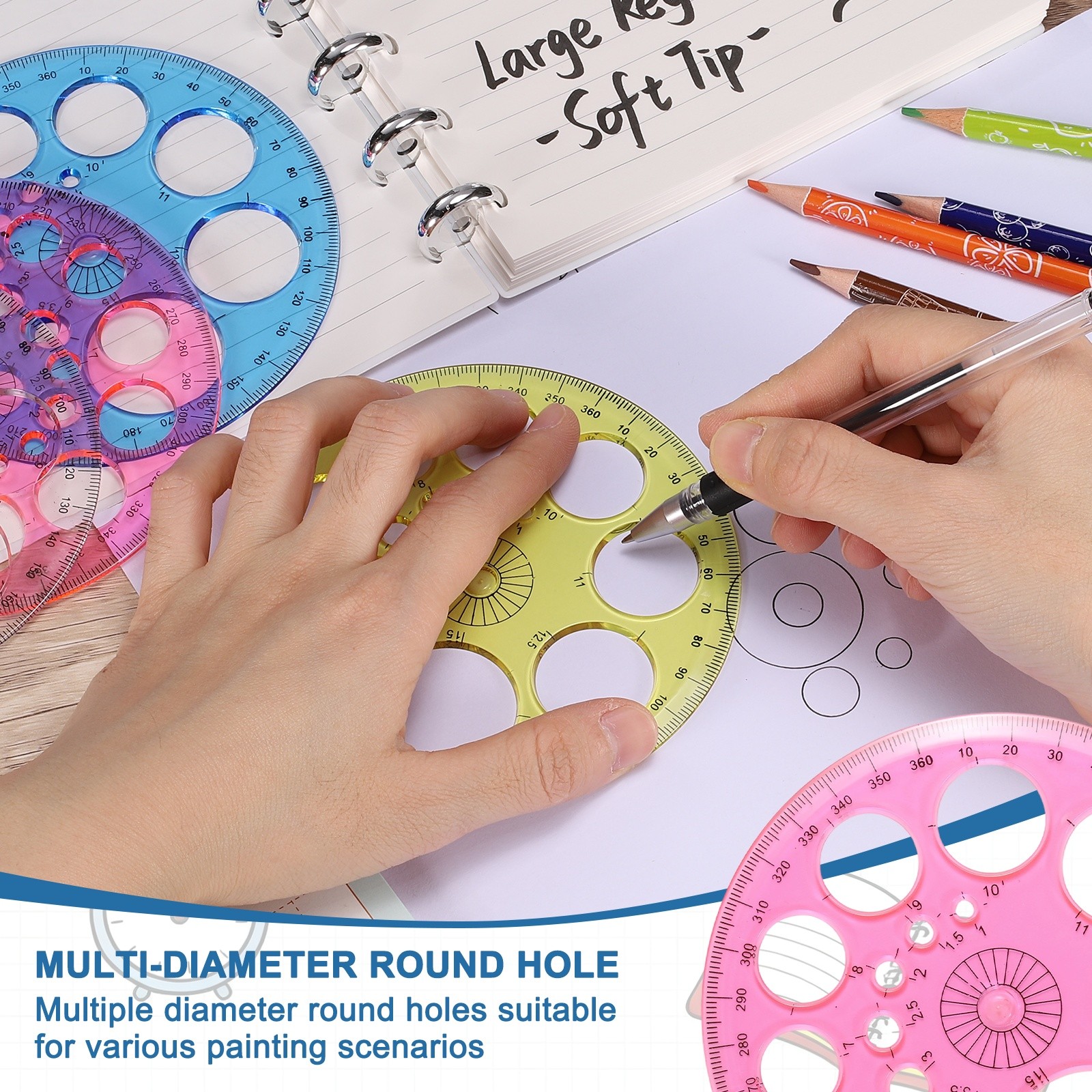 360-Degree Plastic Protractor, 4Pcs Circle Template Supplies, Transparent