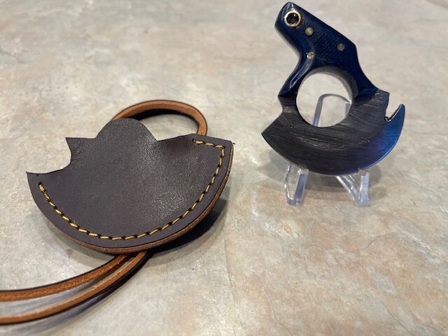 Miniature Ulu Damascus Steel Blade Knife, Carbon handle  Leather neck hanger