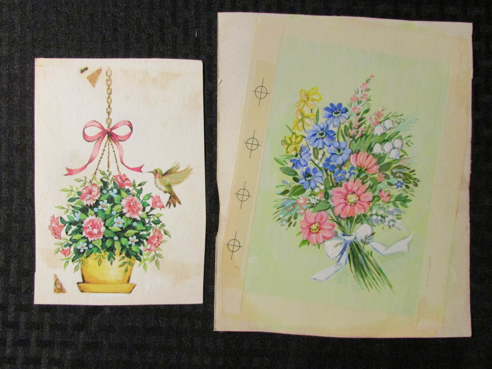 FLOWERS BOUQUET & BIRD 4.5x6.5" Greeting Card Art LOT of 2 #510 1740