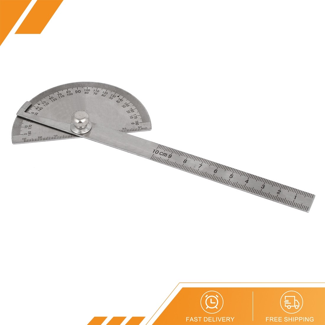 Metal Round Head 180 Degree Rotary Protractor Angle Ruler - 195mm Long Silver