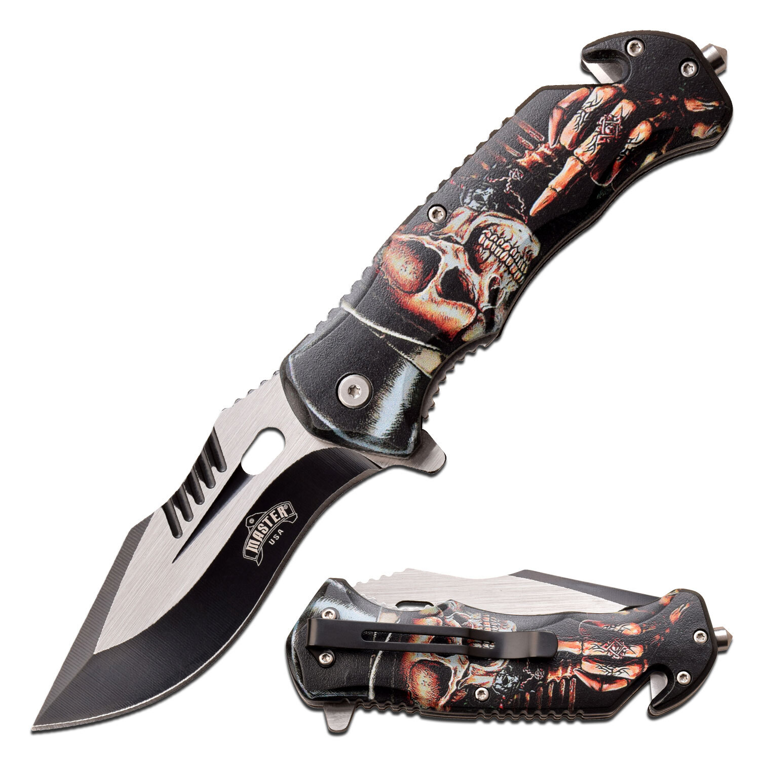 Spring-Assist Folding Knife 3.75in Black Blade Tactical EDC Rescue Skull