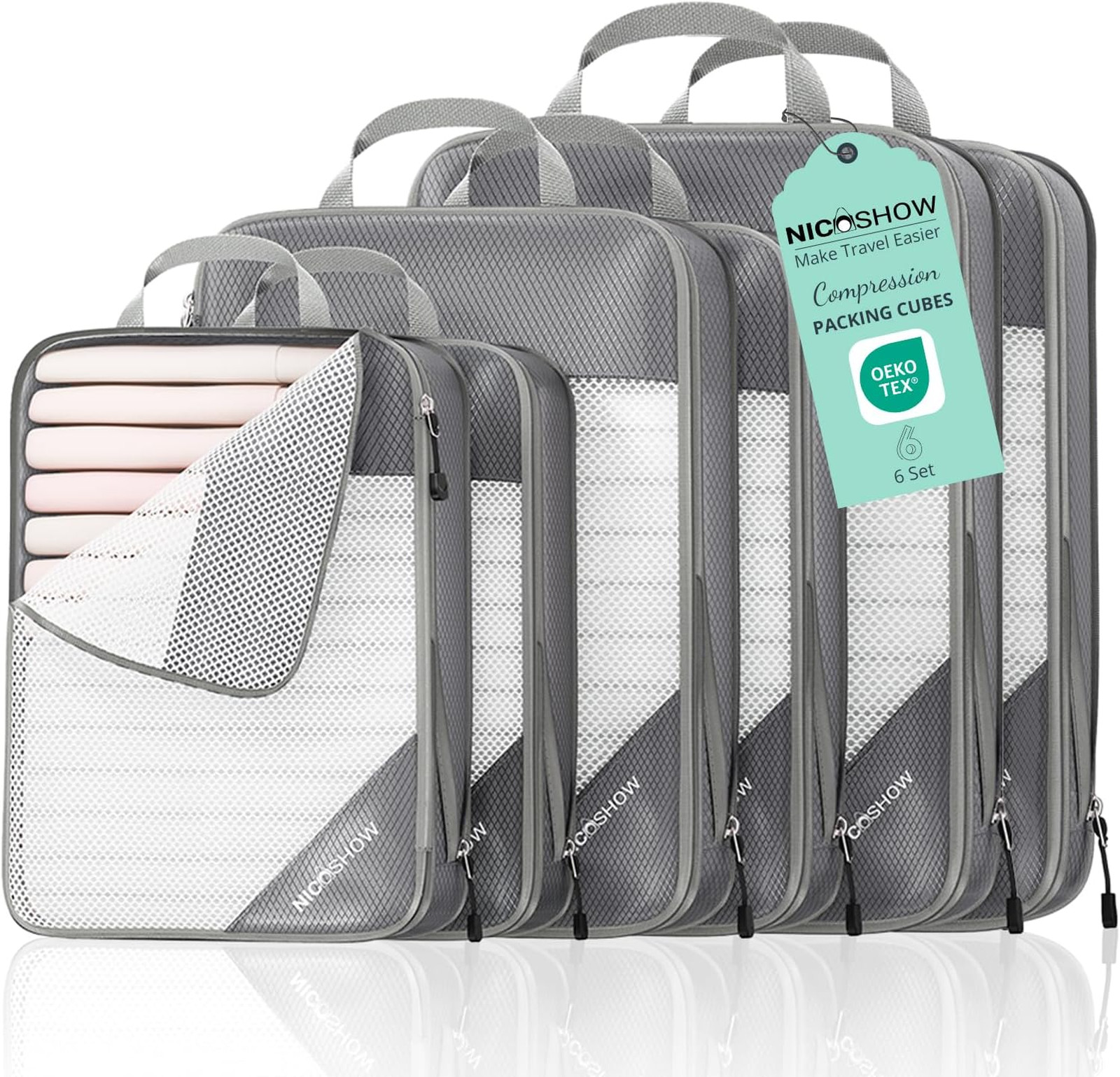 Six Set Compression Packing Cubes for Travel, Lightweight Waterproof Nylon