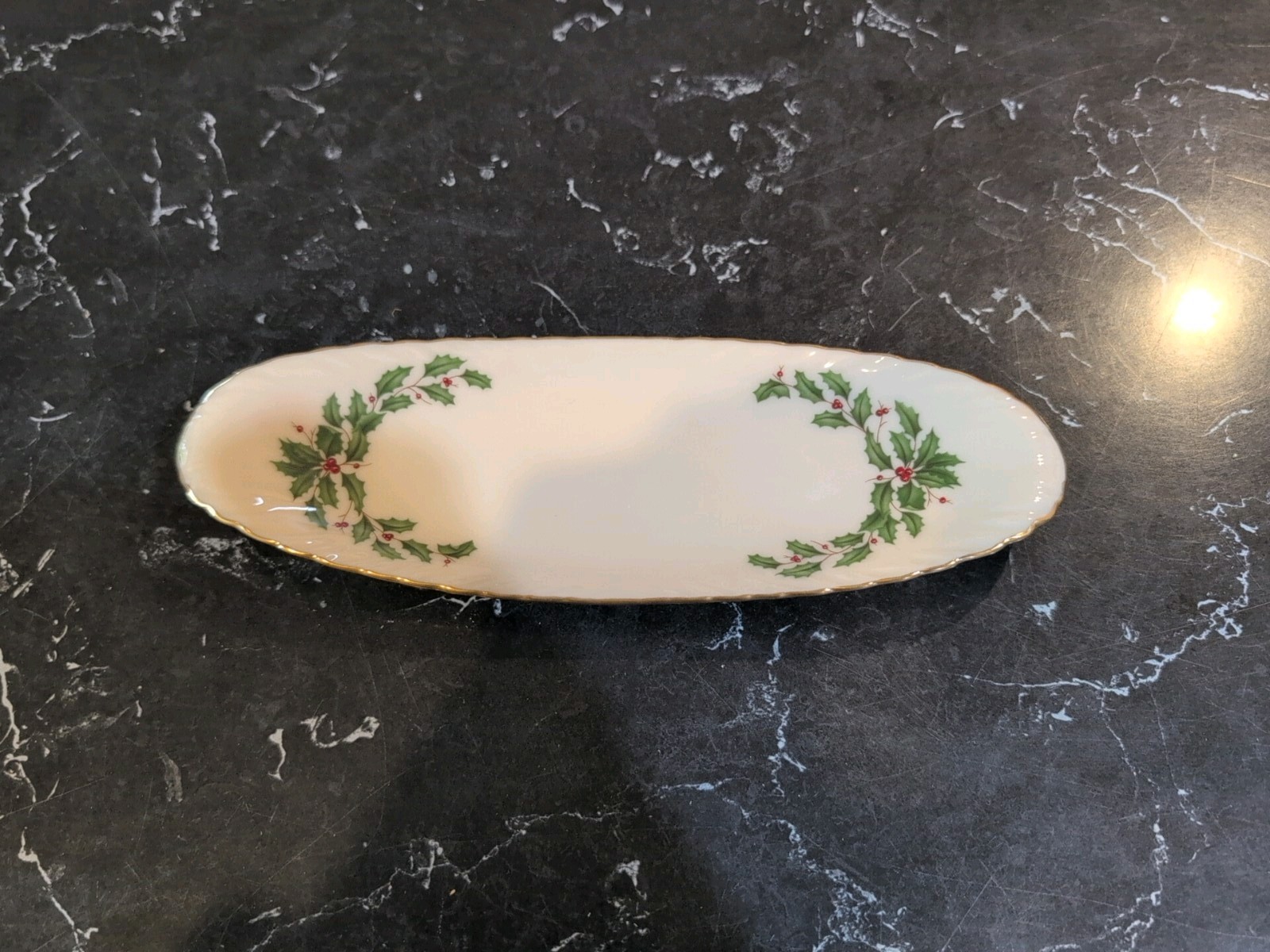 LENOX Holiday Dimensions Relish / Open Butter Dish - Holly & Berries Gold Trim
