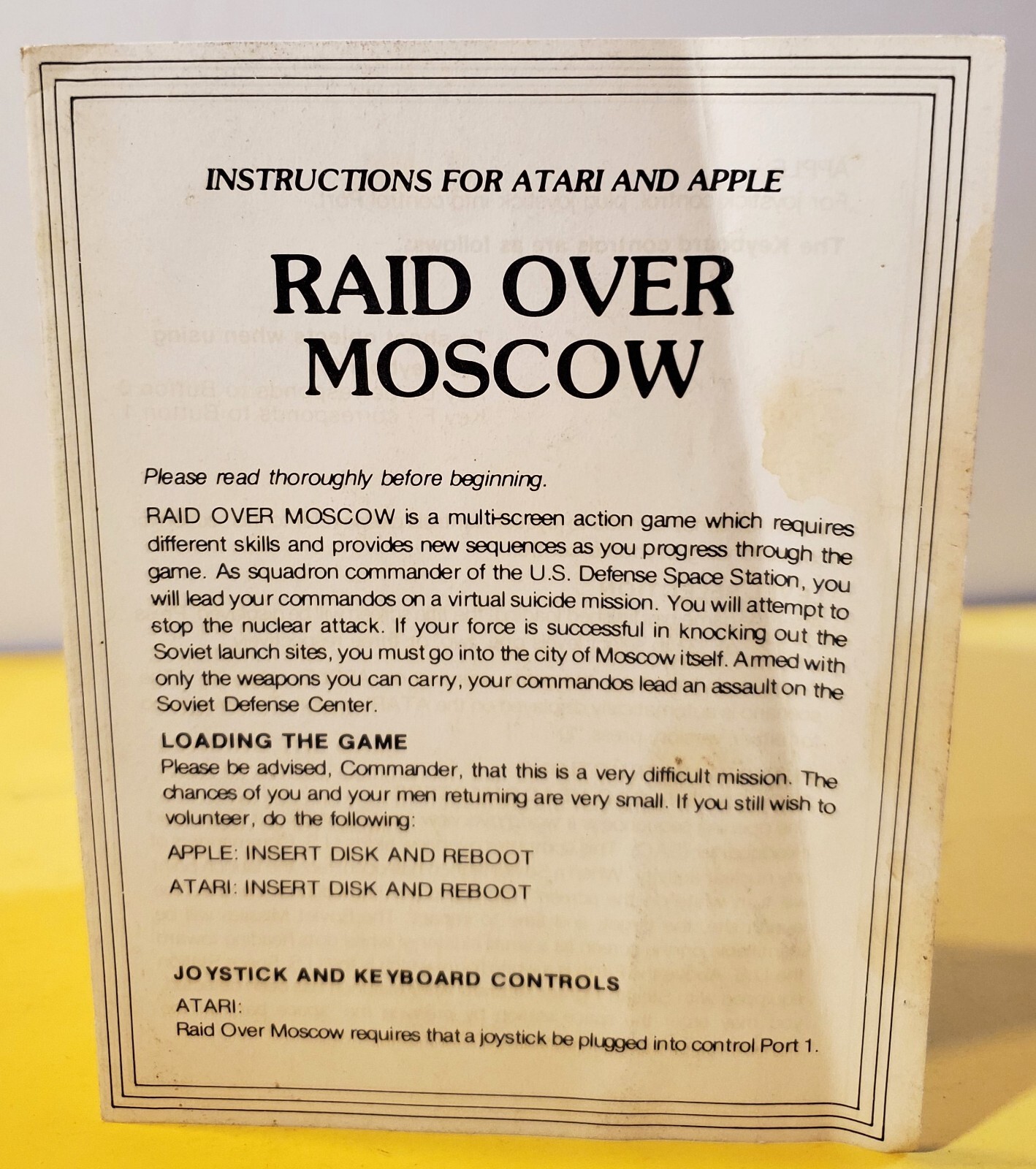 Raid Over Moscow Video Game Instructions Only Atari Apple Access Software 1984