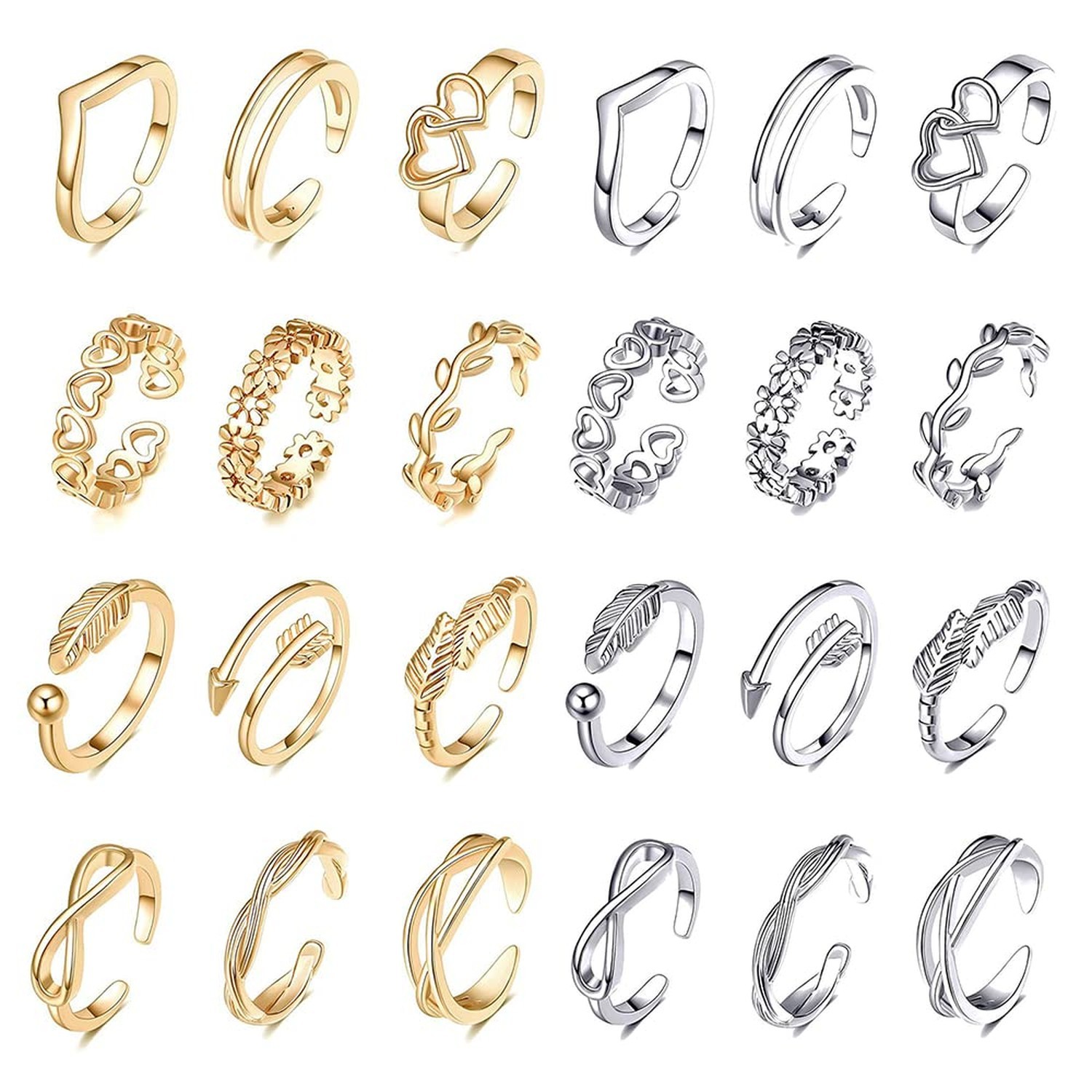 24PCS Toe Rings Set Adjustable Open Foot Rings Beach Jewelry Women Summer New US