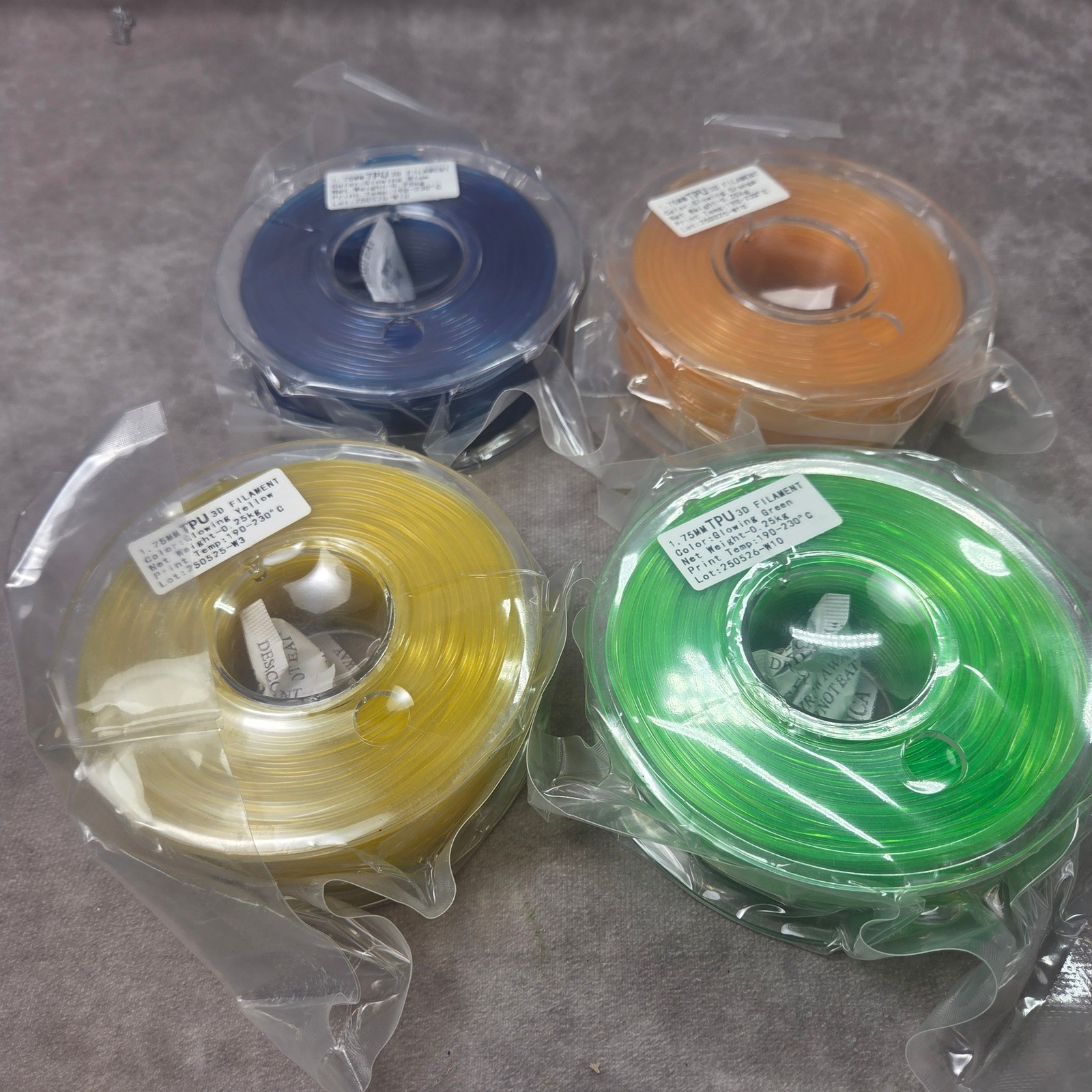 4 Pack 1.75mm TPU 3D Printer Filament 0.25kg Spools Glowing Yellow Green Blue Or