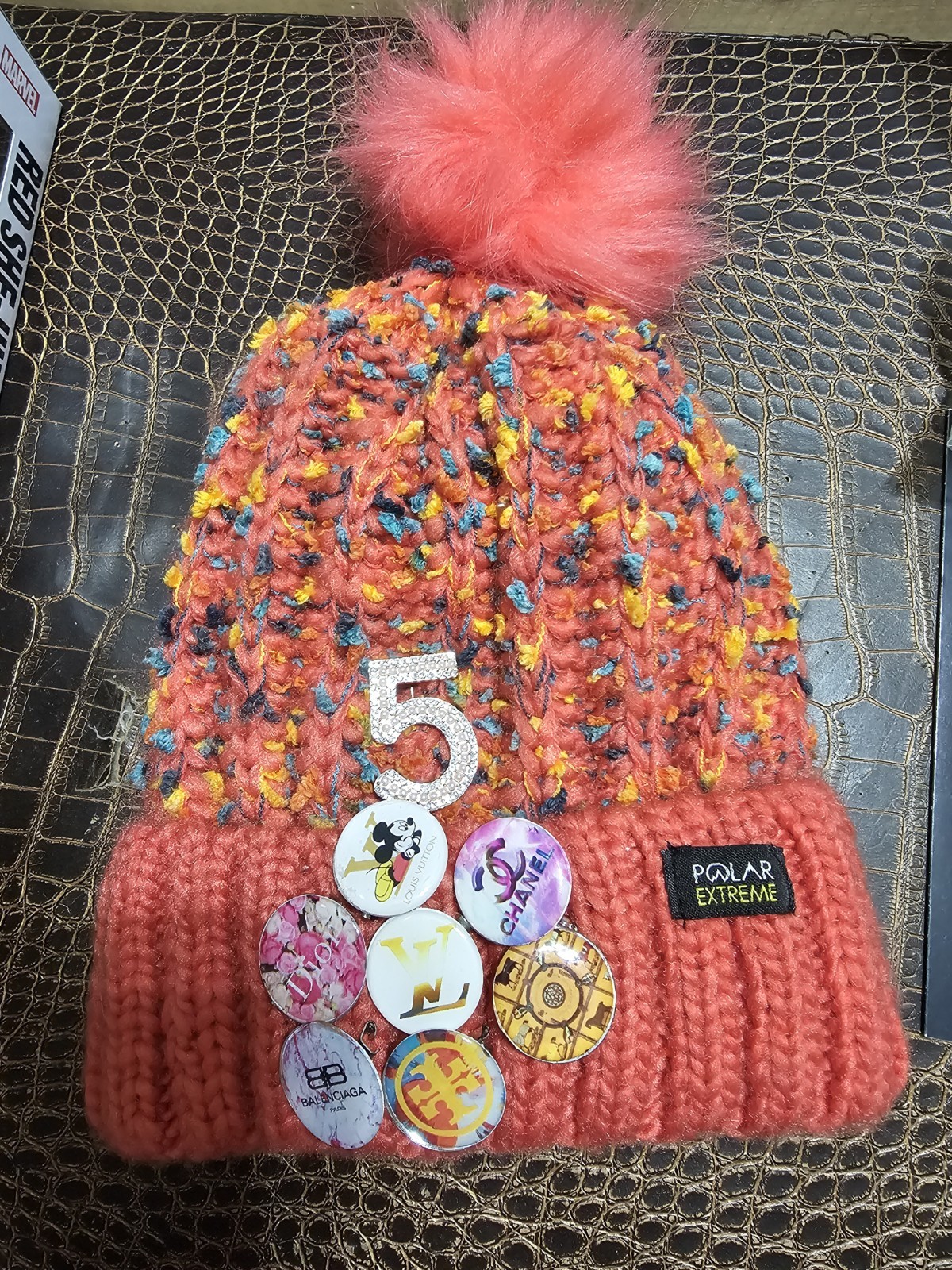 WOMENS POLAR EXTREME WINTER KNIT  HAT  EXCELLENT CONDITION W/ 8 DESIGNER PINS