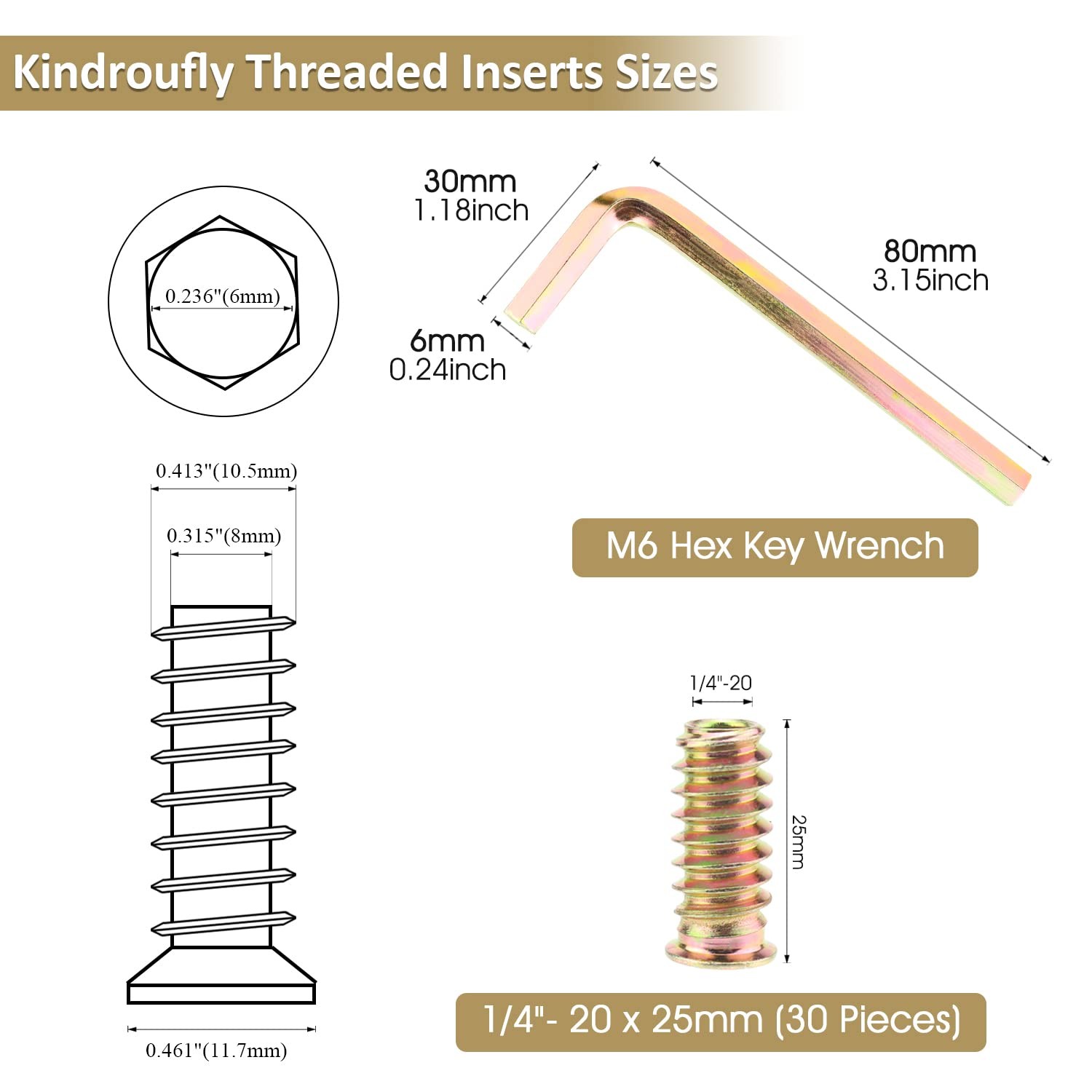 50 Pcs 1/4"-20 x 25mm Threaded Inserts Hex Socket Drive Inserts Nuts for Wood