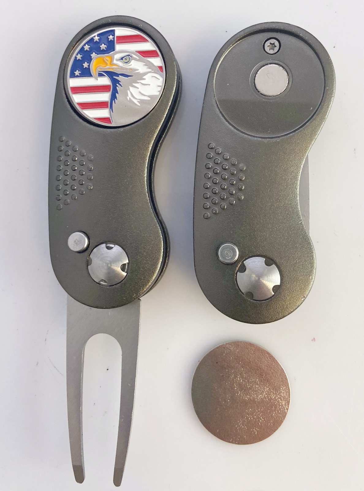 GOLF SWITCHBLADE Patriotic USA EAGLE Gray DIVOT REPAIR TOOL + Ballmark Flag