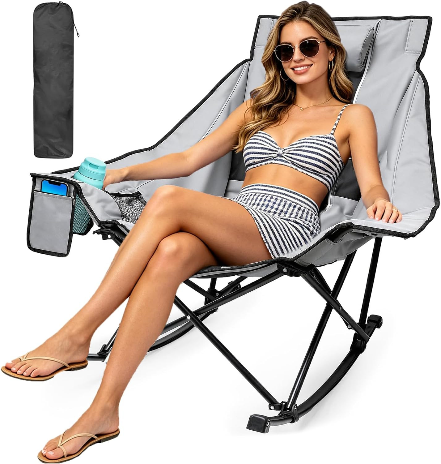 Oversized Rocking Camping Chair, Folding Rocker Chairs, Gray Black | Padded Head