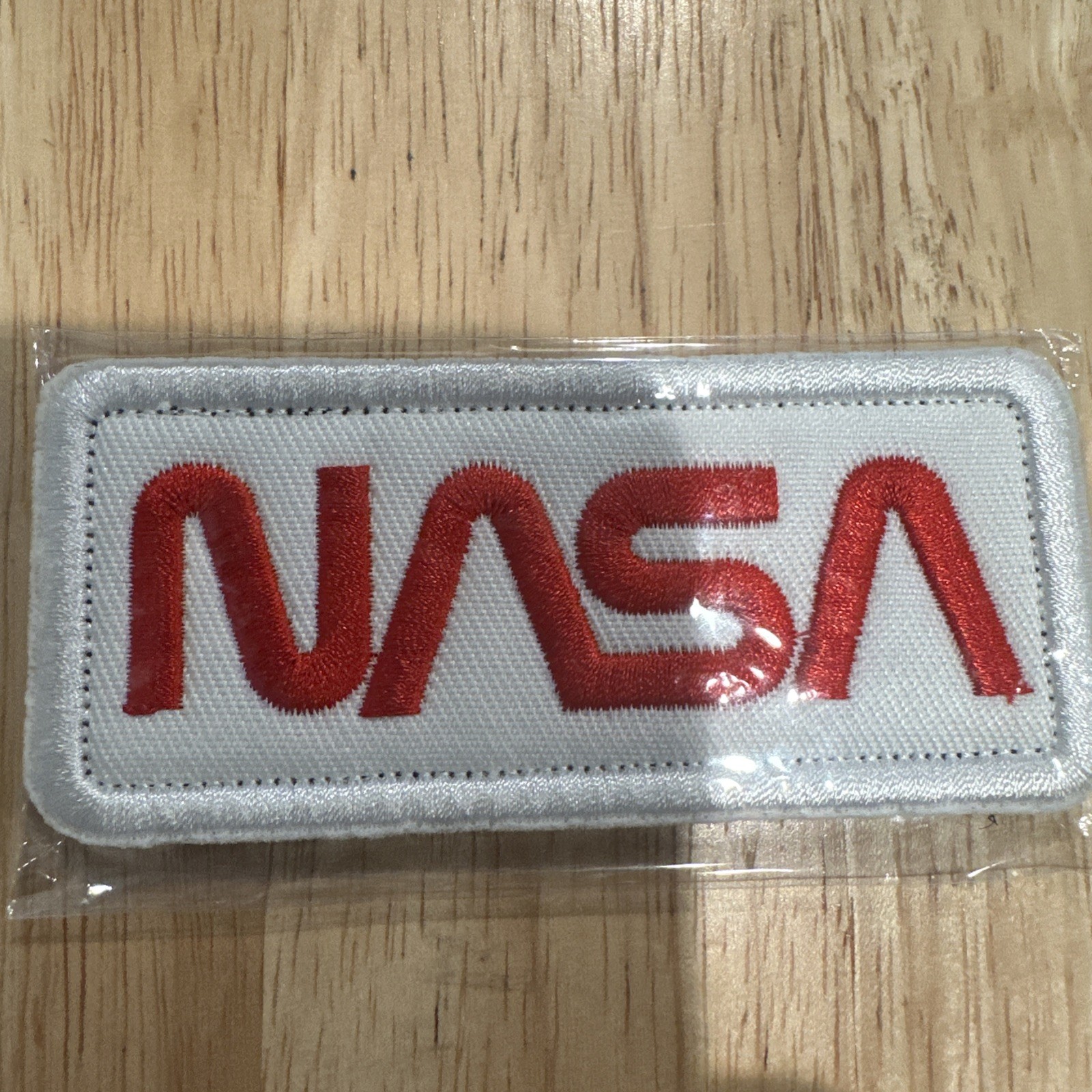 NASA Worm Logo Embroidered Patch White Red Hook and Loop Backing Retro Space