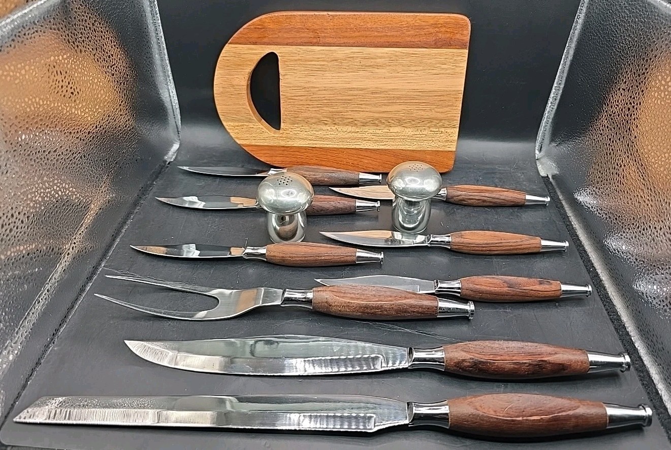 Japan Gensico 3 Carving 6 Steak Knife Set Stainless Wood Pewter Salt & Pepper