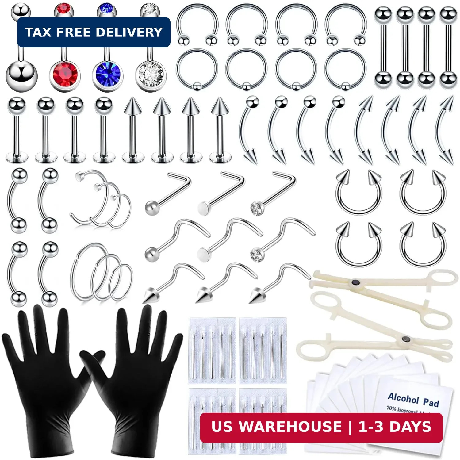 TKKUY 89 Pcs Body Piercing Kit for All Body Piercings Nose Piercing Stainless St