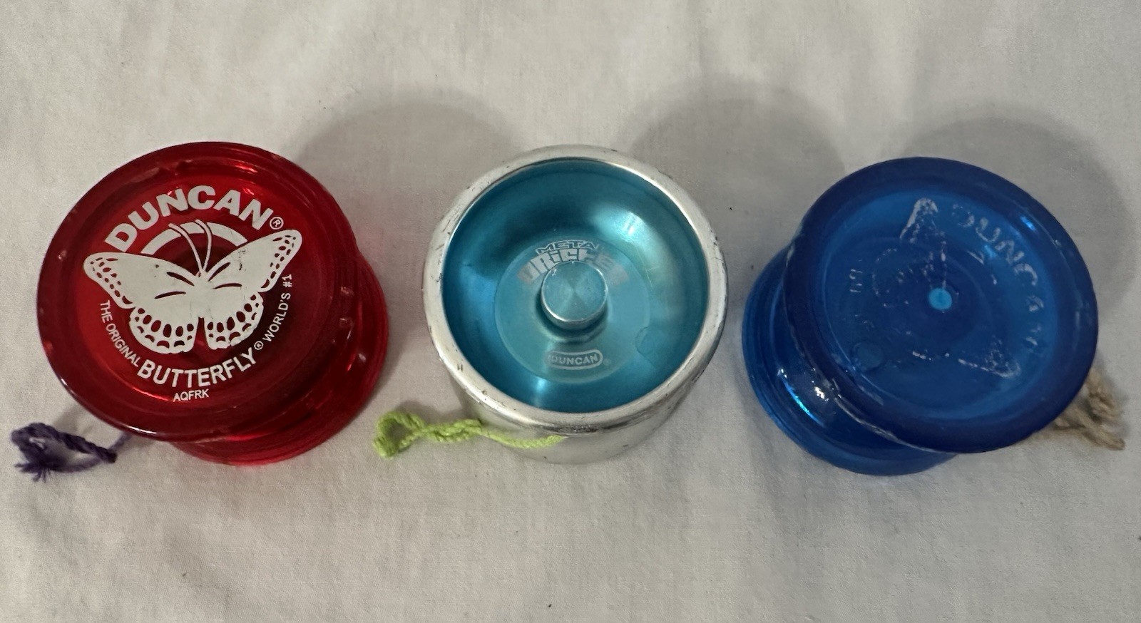 Lot Of 3 Duncan Yoyos Metal Drifter, Red Butterfly & Blue Butterfly, Good Shape