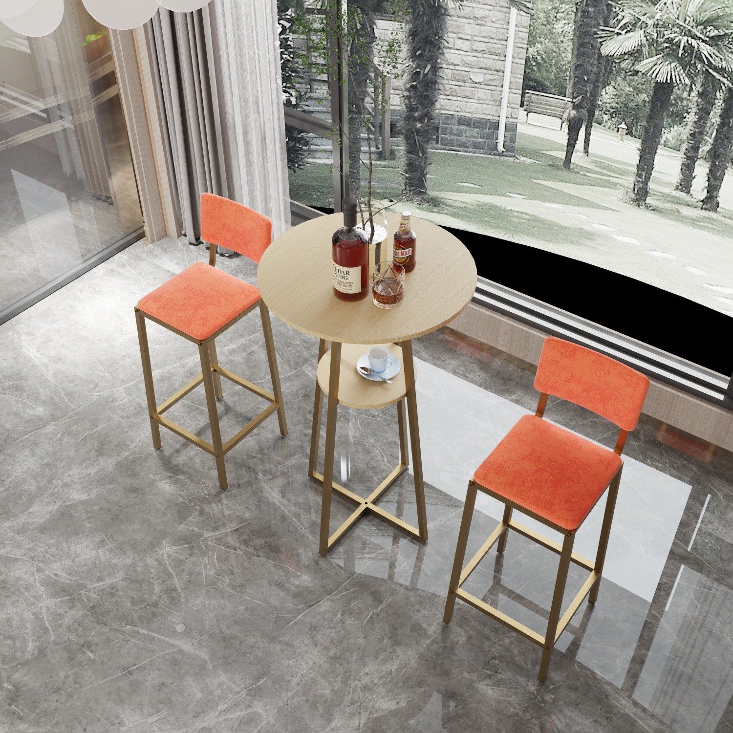3 Piece Bar Table Set Counter Height Kitchen Round Dining Table w/ 2 Bar Chairs