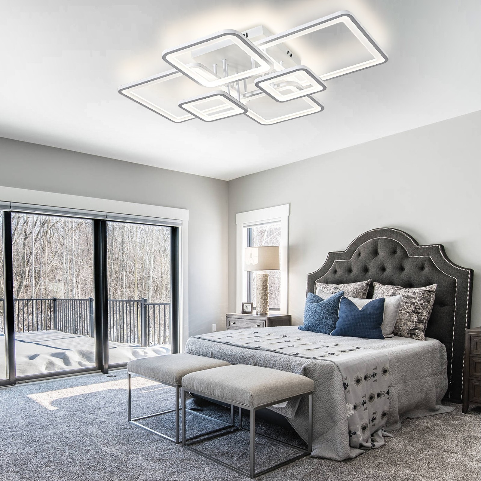 6-Ring Dimmable LED Ceiling Lamp – White Flush Mount Light with Remote Control