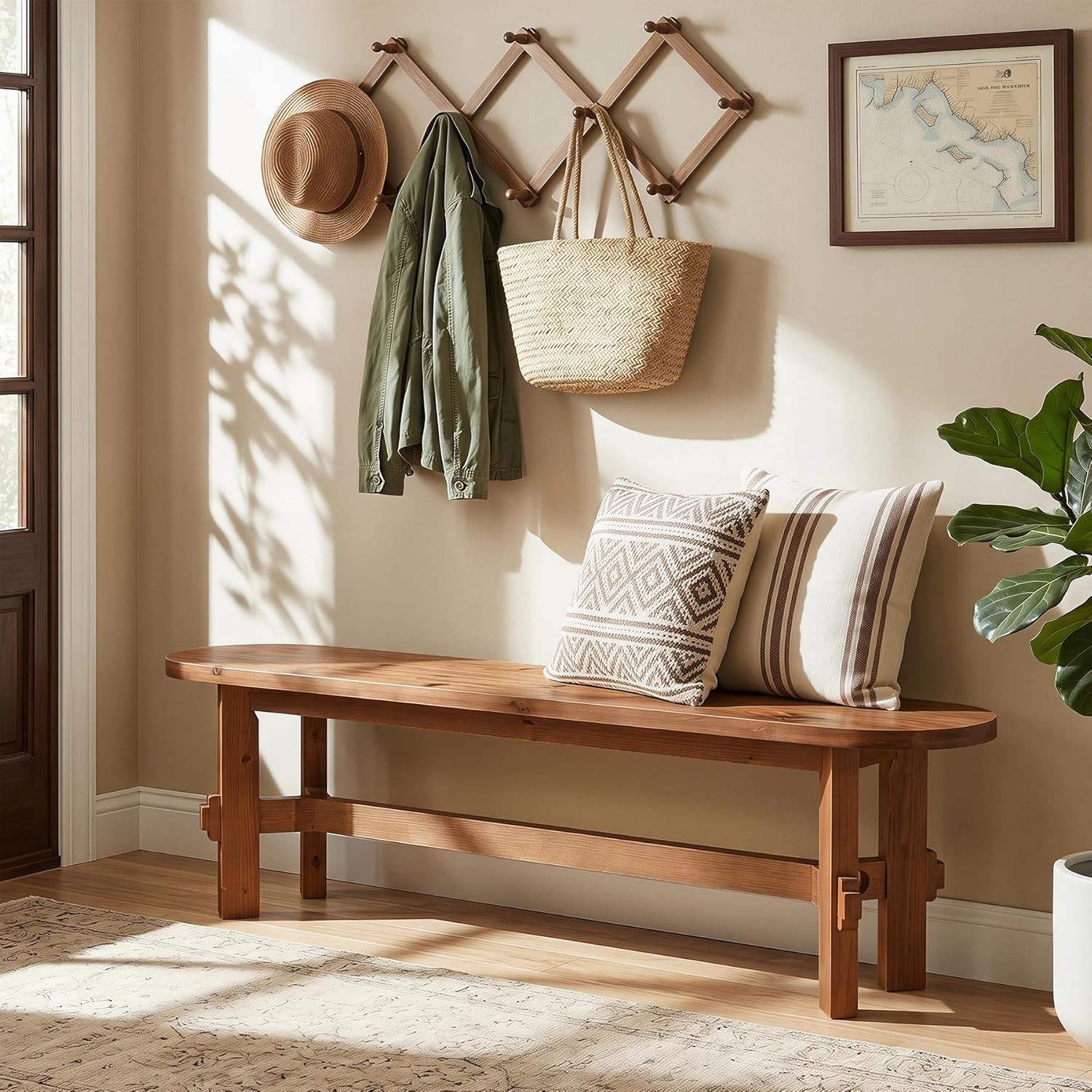 Solid Wood Entryway Bench, 55" Long Rustic Narrow Hallway Shoe Bench Foyer Seat