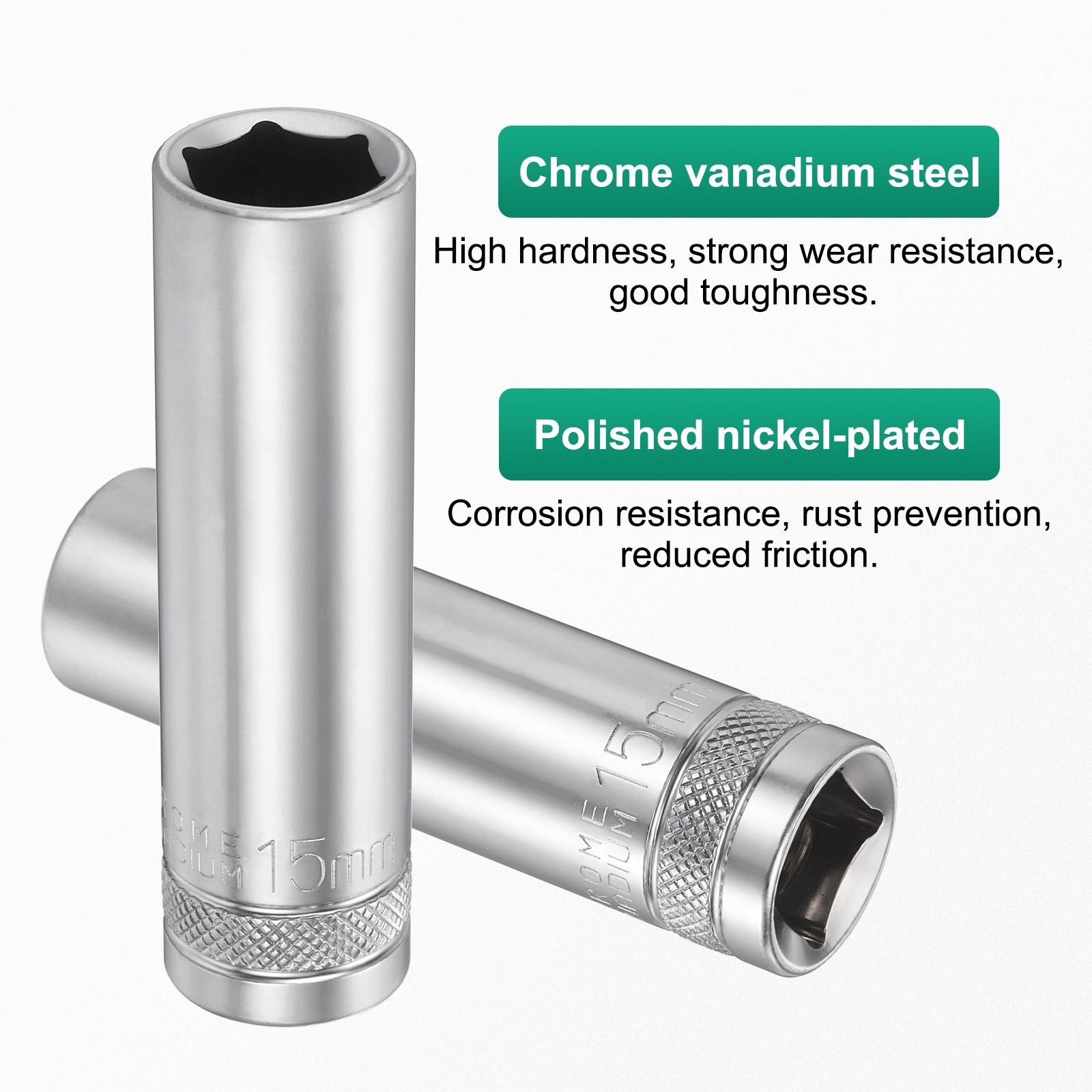 3pcs 6 Points Deep Socket 1/2" Drive 15mm Nickel Plating Hex Socket 3.1" Long