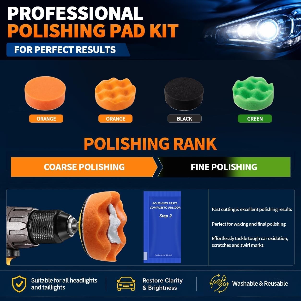 Headlight Restoration Kit 37Pc Drill Sanding Polishing Compound Set