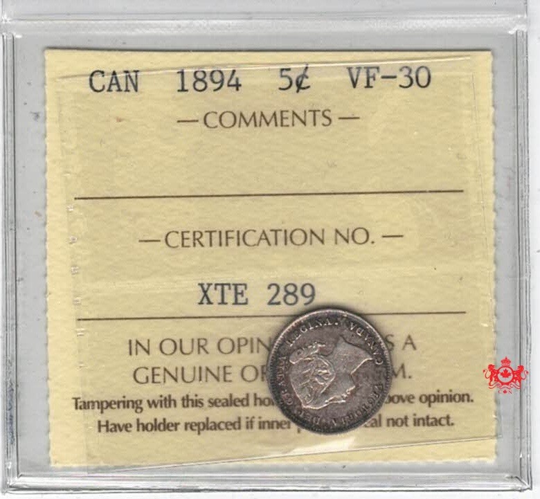 1894 Canada 5 Cents - ICCS VF30 -  XTE 289