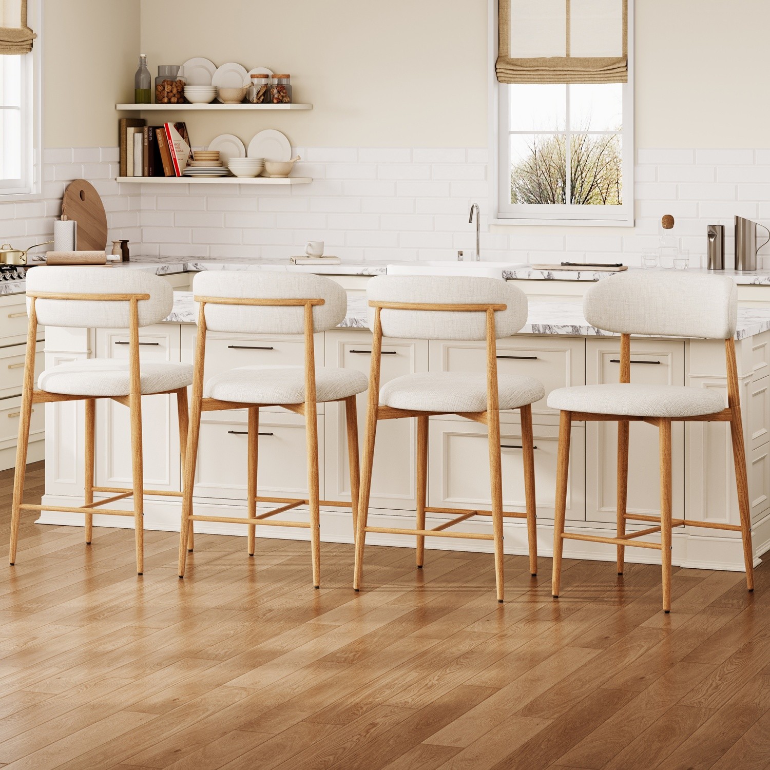 Counter Height Bar Stools Set of 4 Beige Linen w/ Metal Frame for Kitchen Island