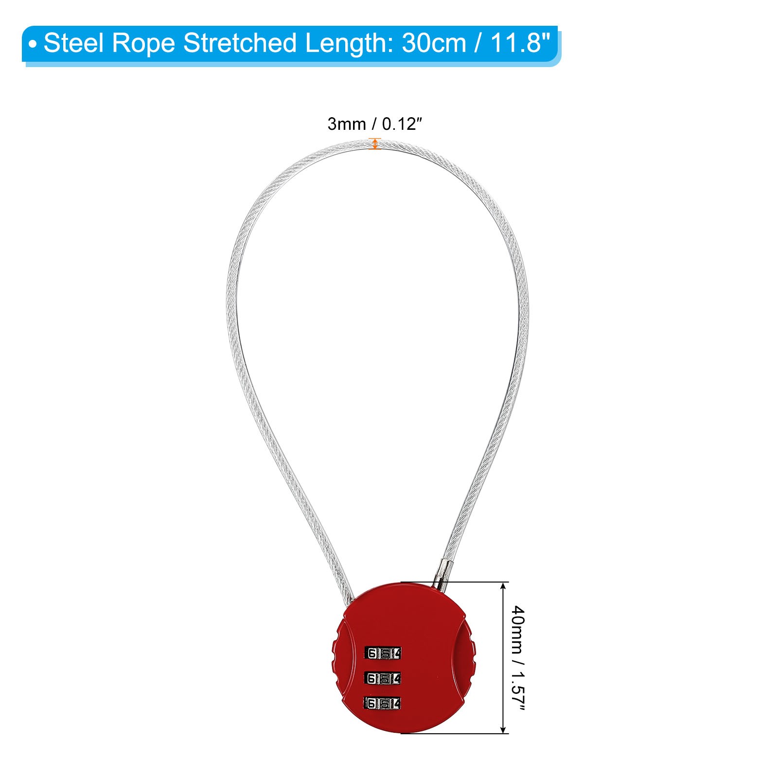 Small Combination Block 11.8", 1pc 3 Digit Luggage Lock, Red