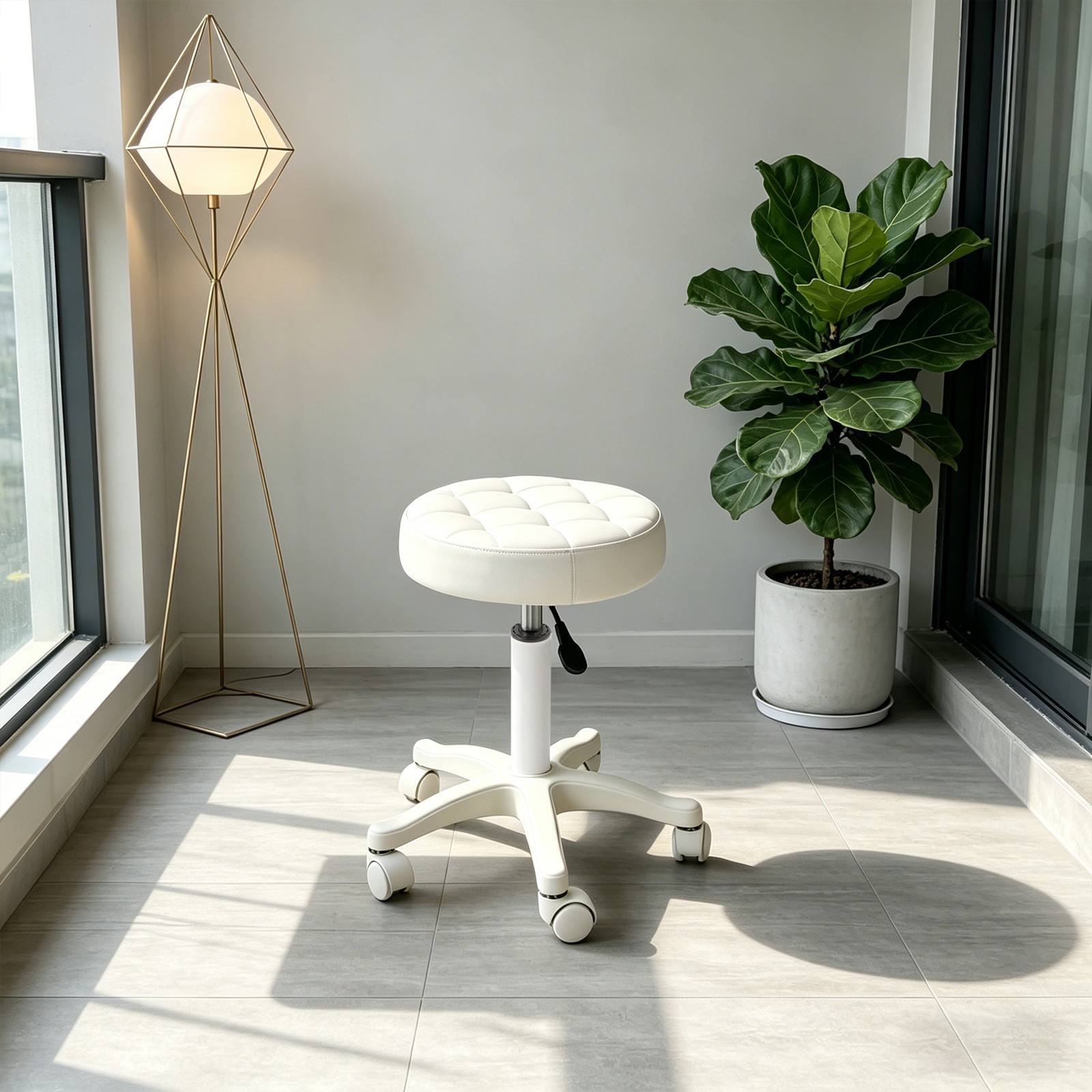 PU Leather Round Rolling Stool with Wheels, Height Adjustable Bar Stool