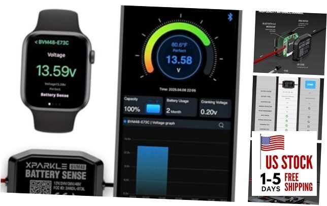 Bluetooth Battery Monitor 12V 24V - 36V 48V RV Battery Monitor with Charging,