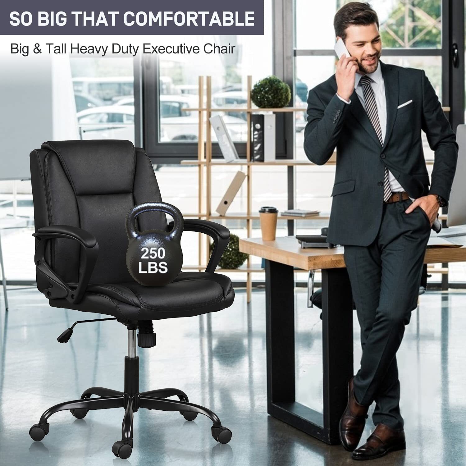 Mid Back Office Computer Desk Chair Ergonomic PU Leather Swivel Executive Chair