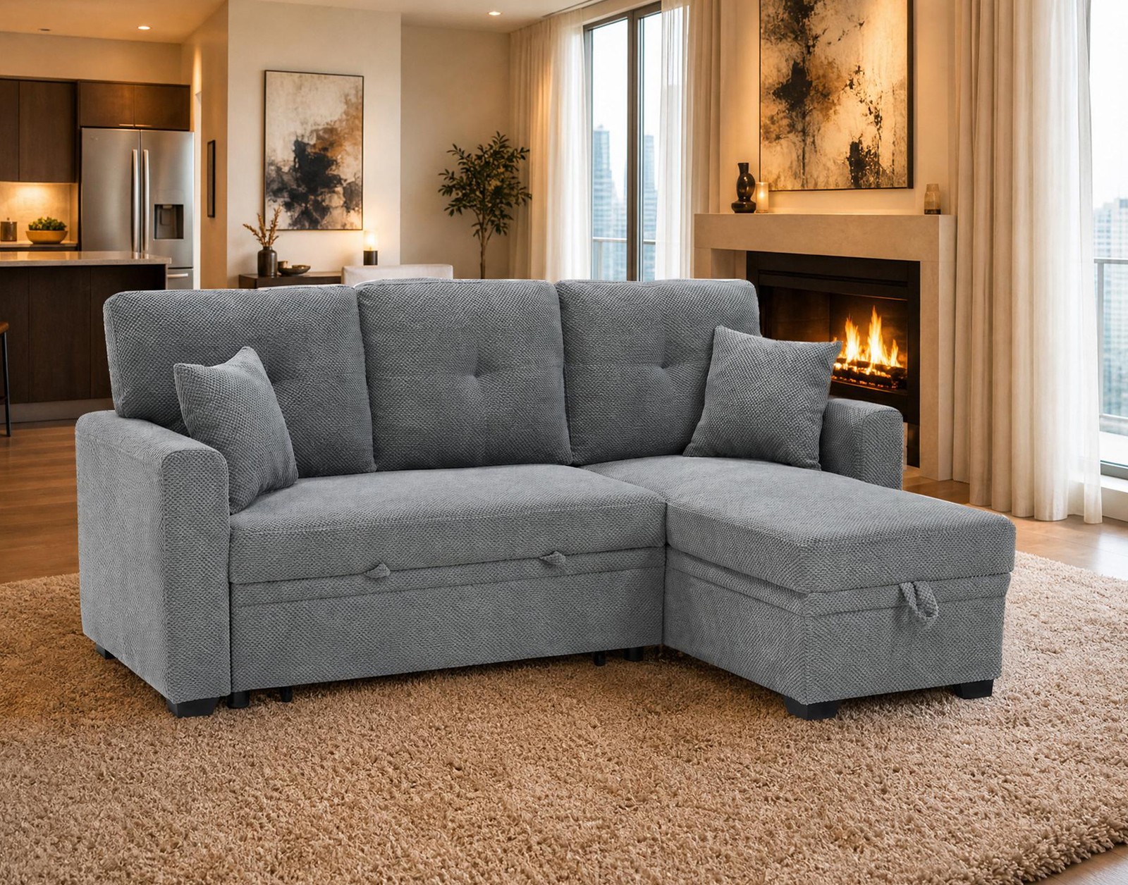 L-Shaped Sofa Sectional Loveseat Couch Convertible Sleeper Sofa w/Pull-Out Bed