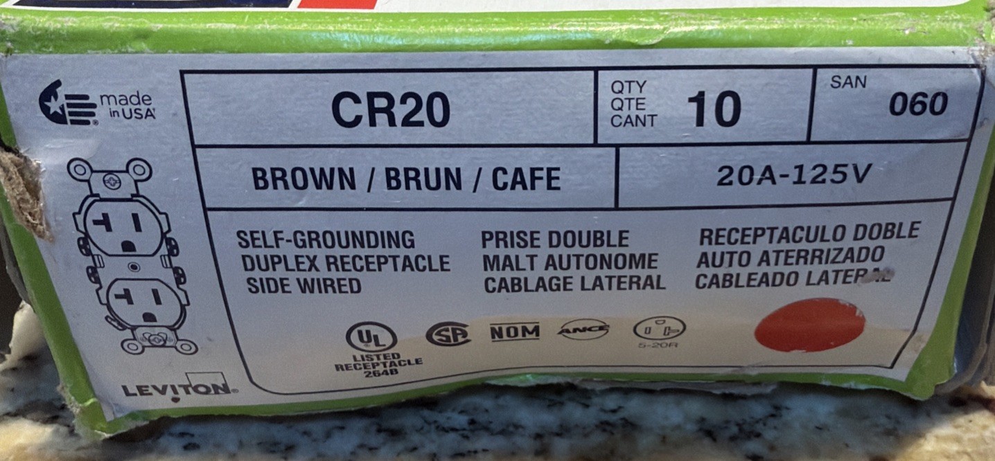 (9)- LEVITON CR20 20 A 120v BROWN RECEPTACLES NEW OPEN BOX