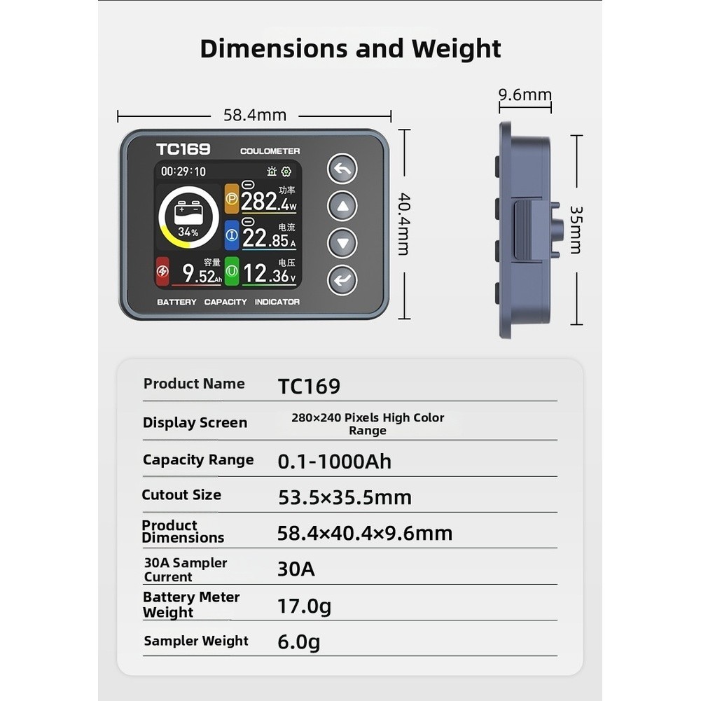 TC169 Battery Coulomb Meter 280x240 Display 6-60V for Electric Vehicle