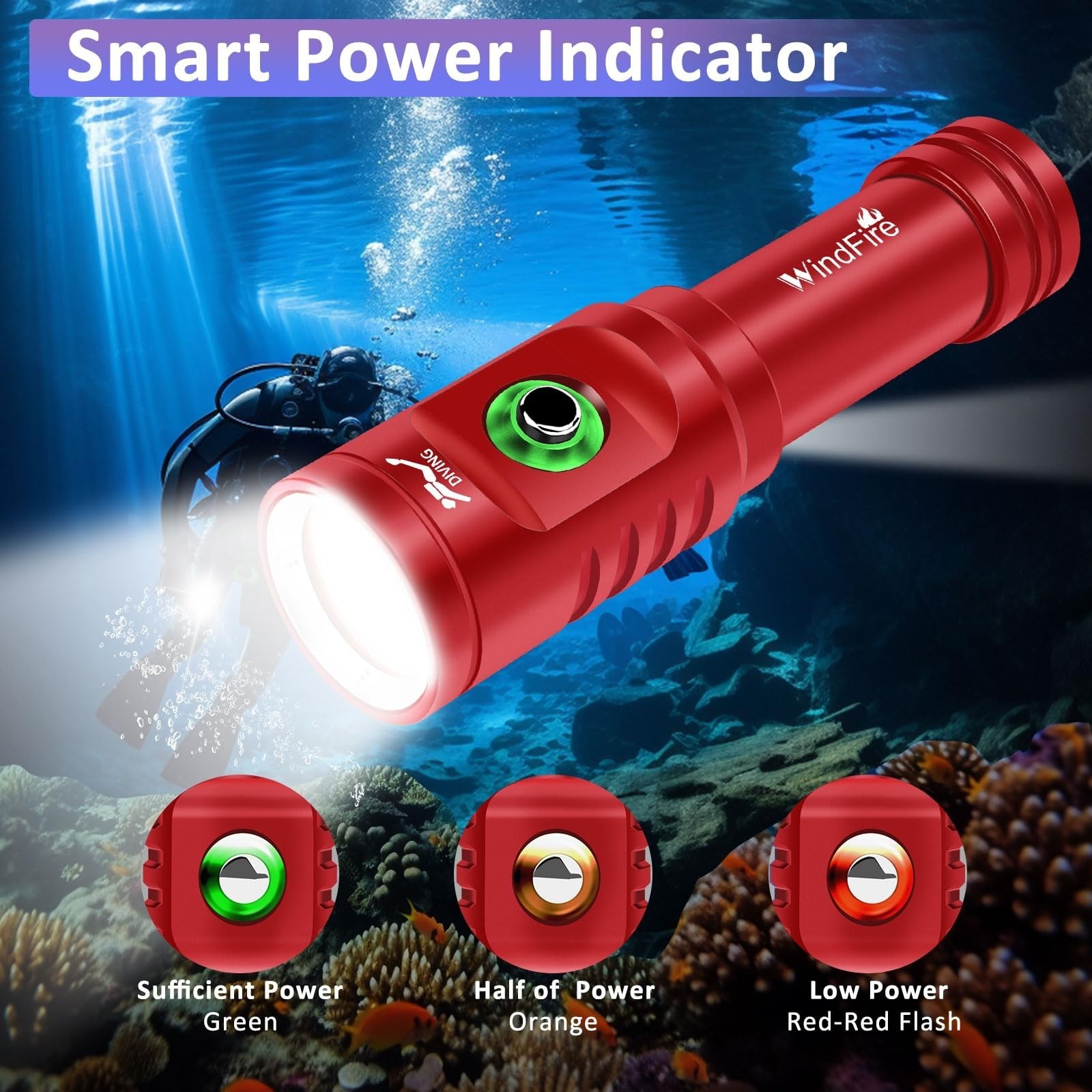 WINDFIRE TS08 Scuba Dive Light Rechargeable Underwater Flashlight