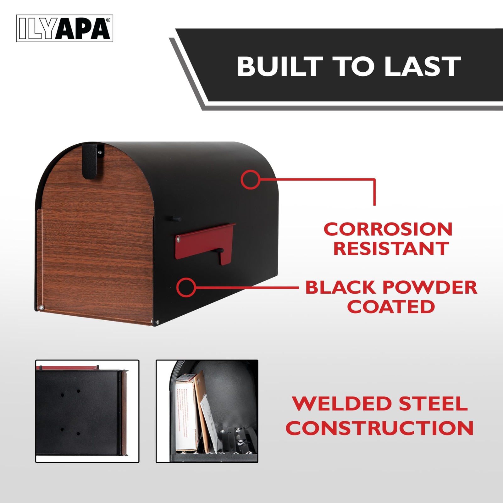 Black Modern Mailbox Post Mount - Mailboxes for Outside - with Wood Pattern Door