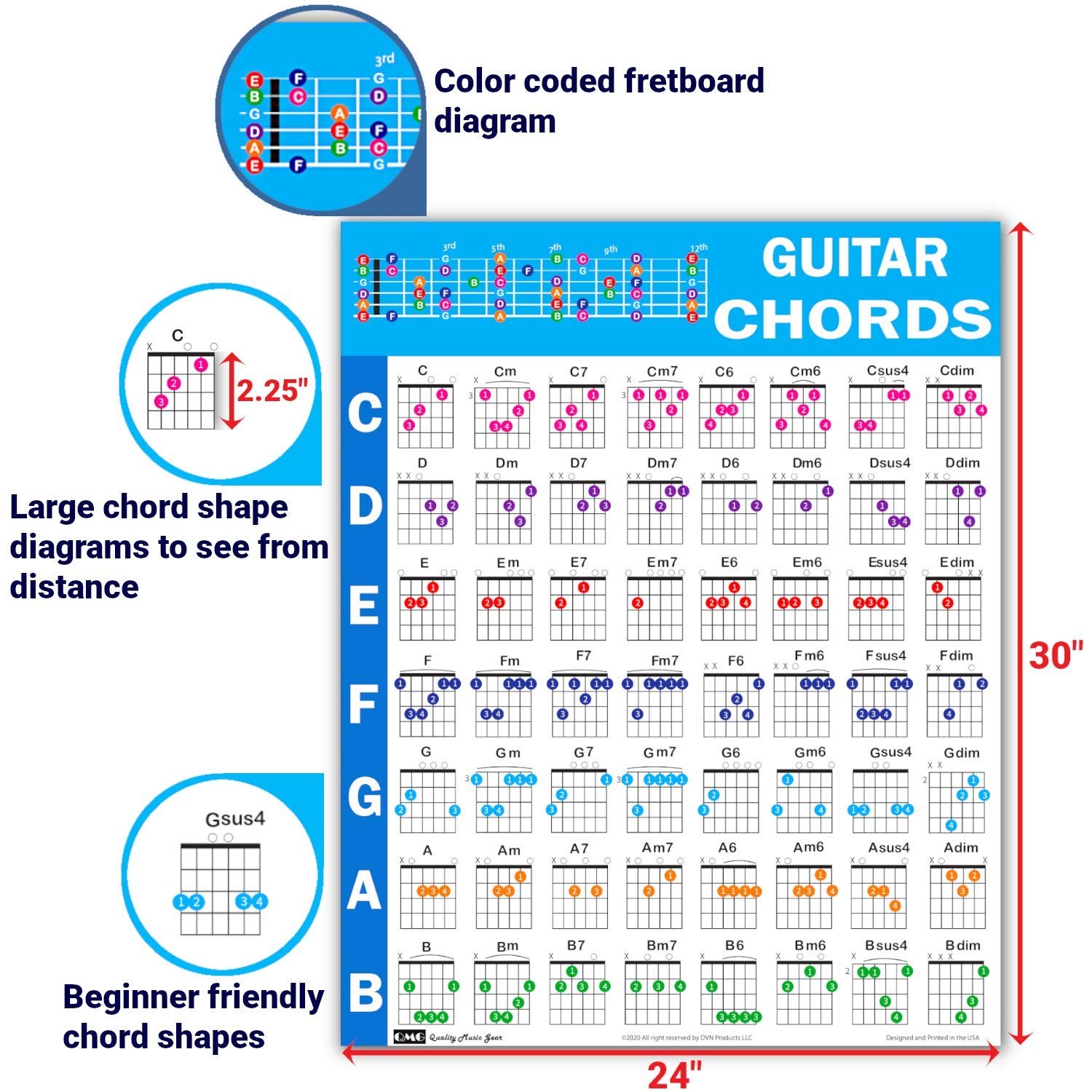 QMG Guitar Chord Poster (24"x30"), Educational Reference Guide for Beginners,...
