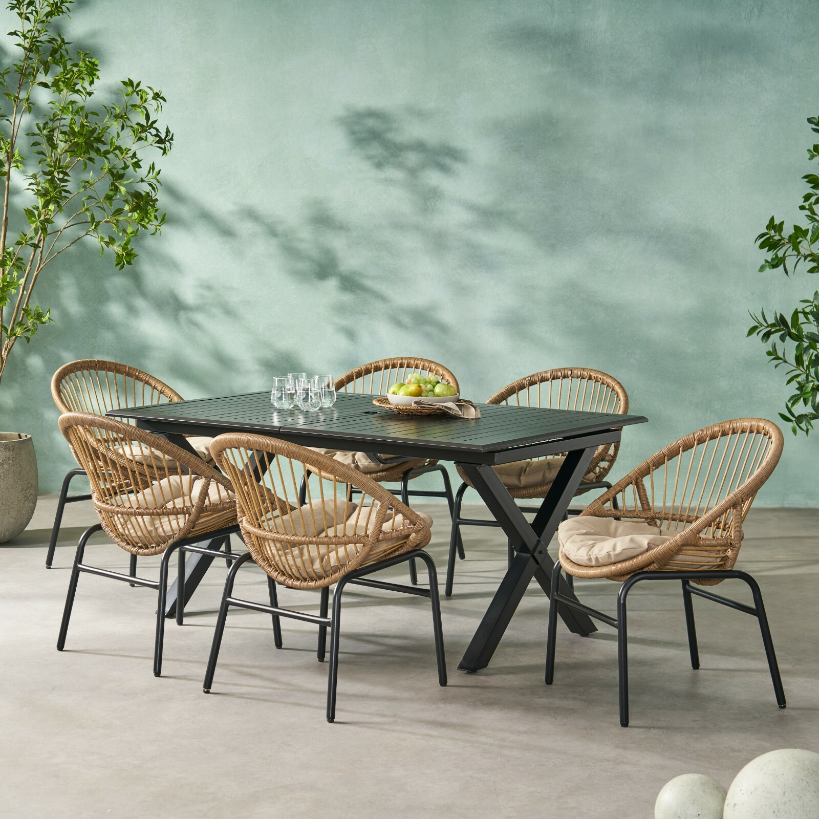 Benway Outdoor Wicker and Aluminum 7 Piece Expandable Dining Set with Cushion, L
