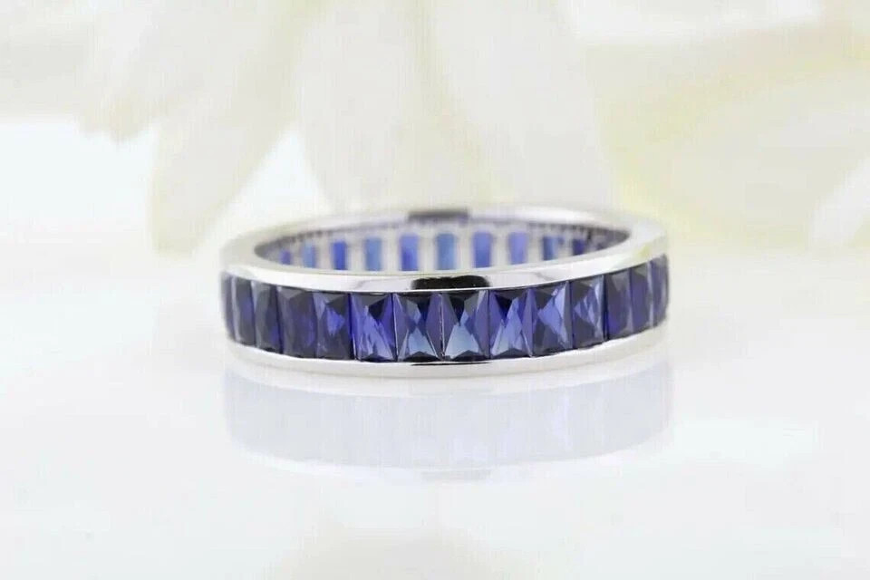 14K White Gold Plated Lab-Created Blue Sapphire Men Wedding Eternity Band 2Ct
