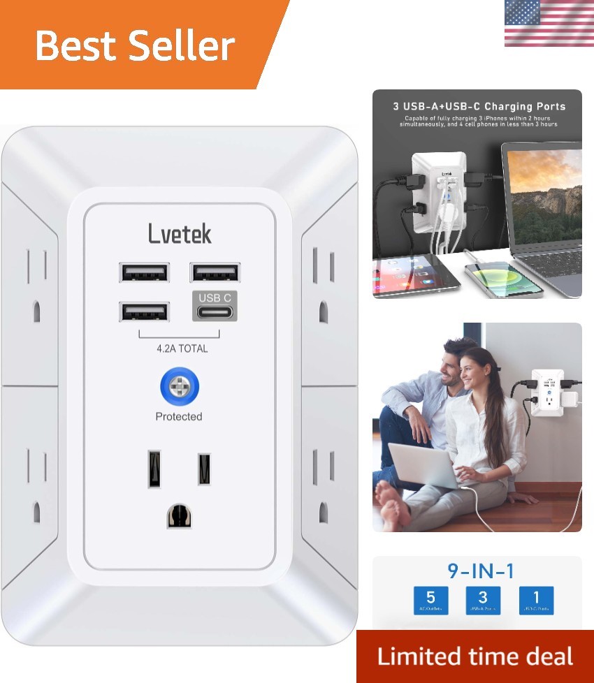 Compact 5-Outlet Multi-Plug Extender with 4 USB Ports & 1680J Surge Protection