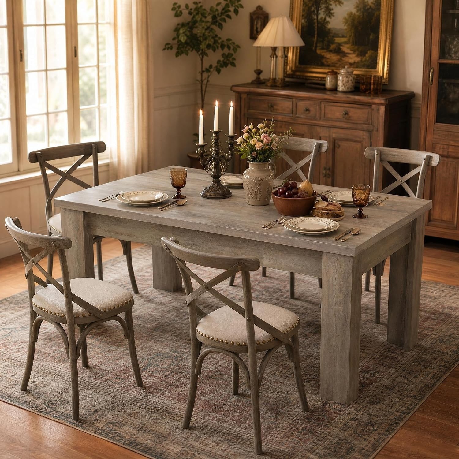 Rustic Gray Wood Dining Table for 4-6, 63" Heavy Duty Kitchen Table