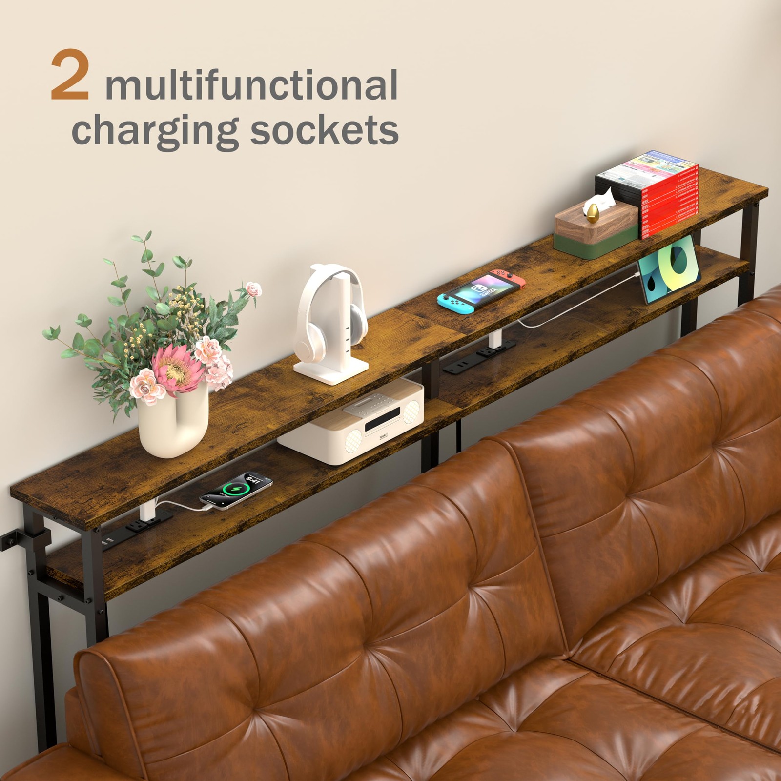 Keelian 78 Inch Double-Layer Narrow Console 78" double-deck, Rustic Brown