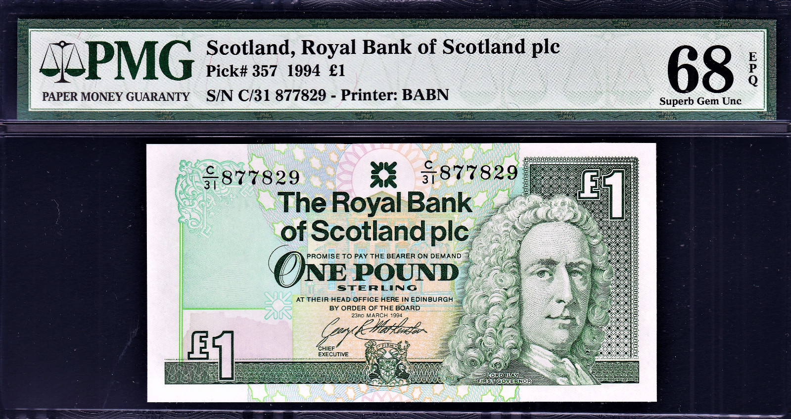 Scotland 1994 One Pound Pick-357 Superb GEM UNC PMG 68 EPQ HIGHEST GRADED !