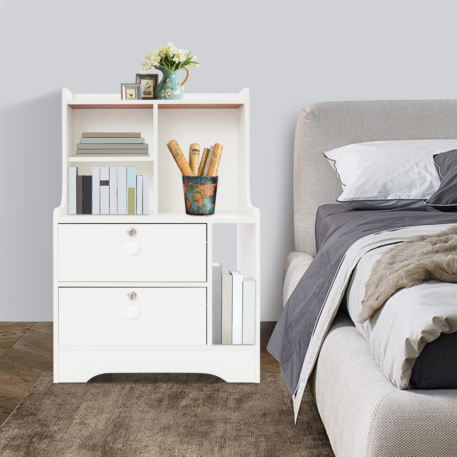 2 Drawers Nightstand, Side Table, White Storage Cabinet, Bedside Table W/ 4*Keys