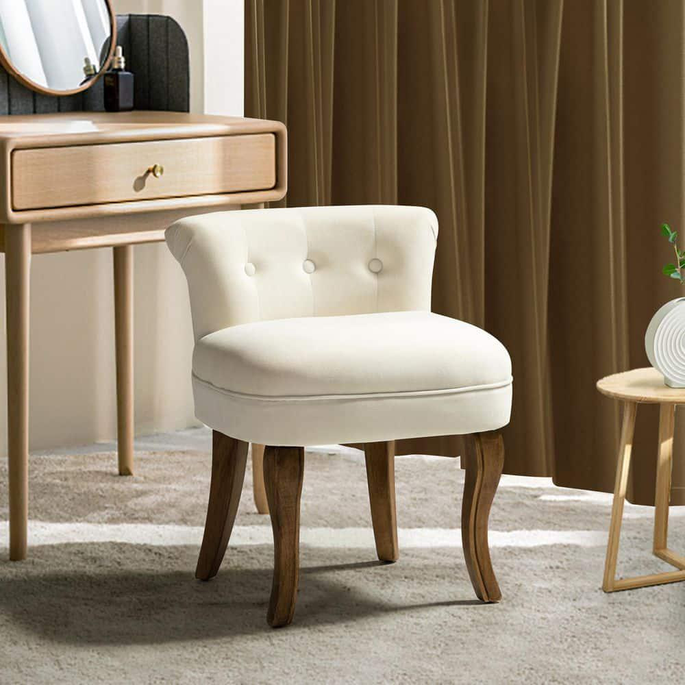 JAYDEN CREATION Nila Ivory Vanity Velvet Upholstered Stool w/ Solid Wooden Legs
