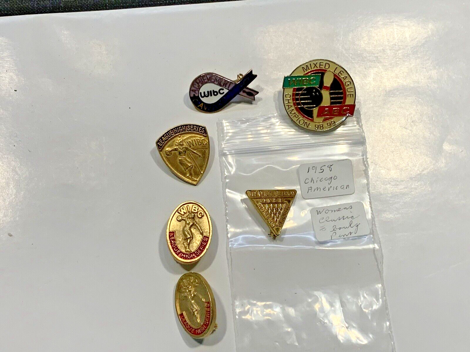 VTG LOT 6 Bowling League PINS WIBC 1958 CHICAGO CLASSIC, HIGH SERIES ACHIEVEMENT