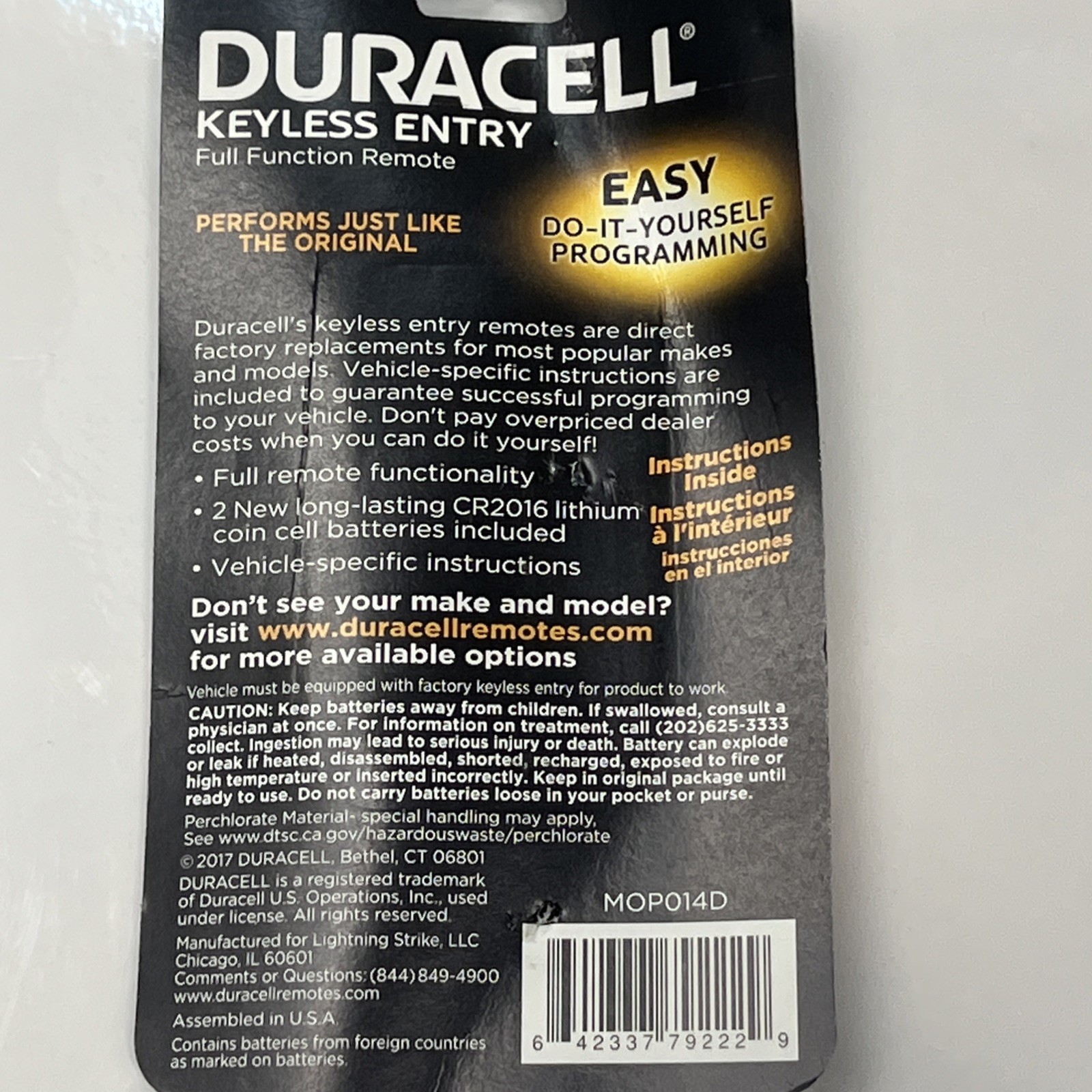 NEW DURACELL KEYLESS ENTRY FULL FUNCTION REMOTE MOP014D L4